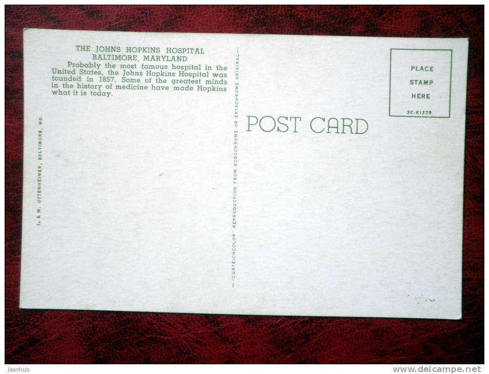 The Johns Hopkins Hospital, 1857 - Baltimore - Maryland - USA - unused - JH Postcards