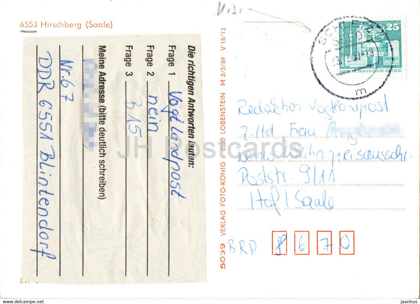 Hirschberg - Saale - 6553 - old postcard - 1969 - Germany DDR - used