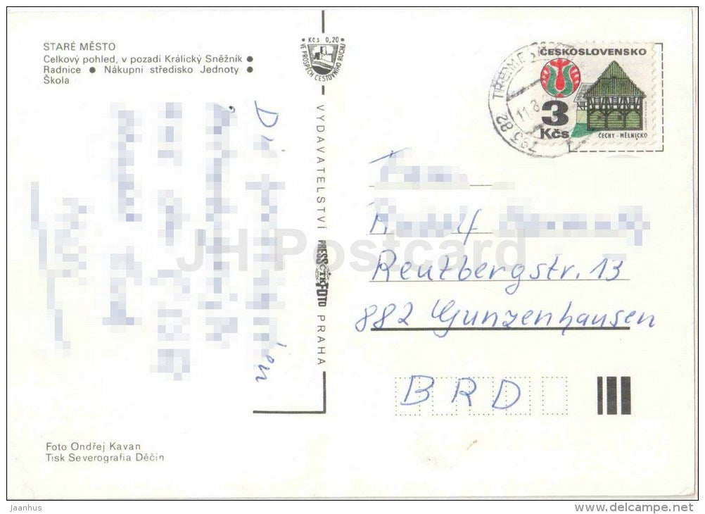 Stare Mesto - Town hall - store Jednoty - school - Czechoslovakia - Czech - used 1972 - JH Postcards