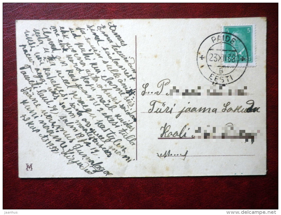 Christmas Greeting Card - candles - HM - circulated in Estonia 1938 , Paide - Estonia - used - JH Postcards
