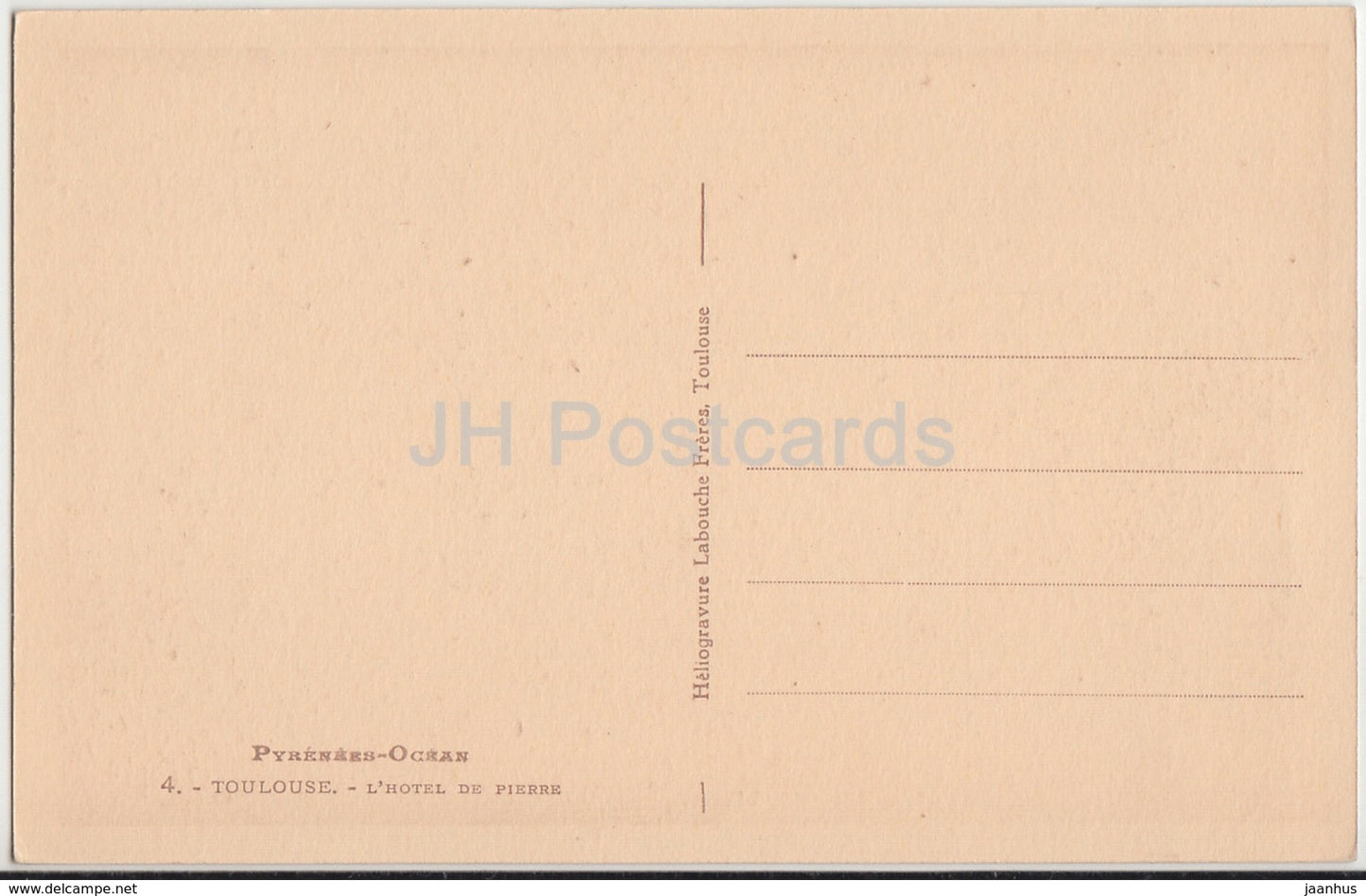Toulouse - L'Hôtel de Pierre - hôtel - Pyrénées Océan - 4 - carte postale ancienne - France - inutilisée