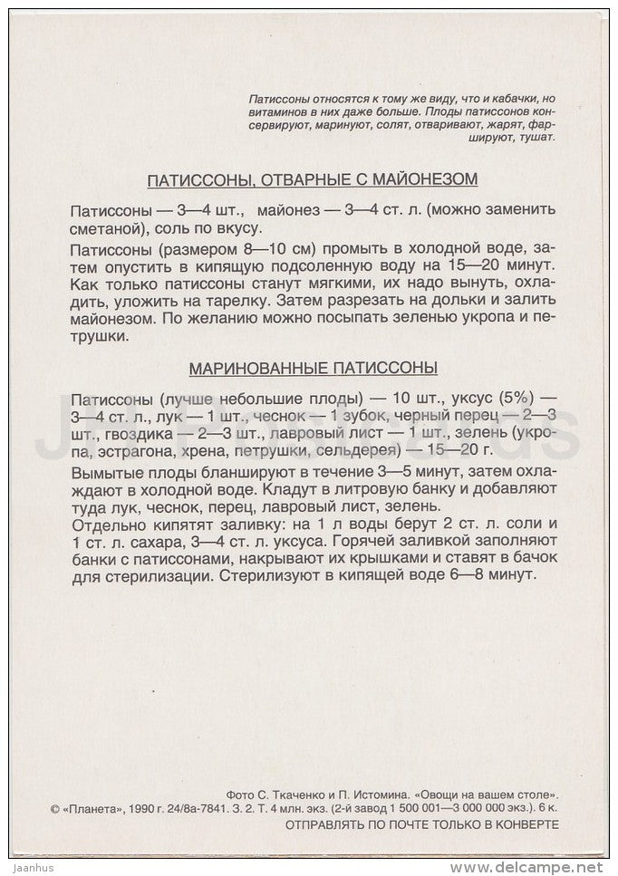 Boiled Squash - Vegetable Dishes - recipes - 1990 - Russia USSR - unused - JH Postcards