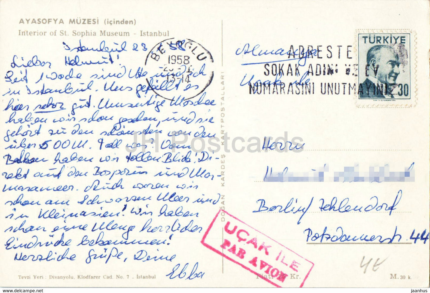 Istanbul - Intérieur du musée Sainte-Sophie - carte postale ancienne - 1958 - Turquie - utilisé