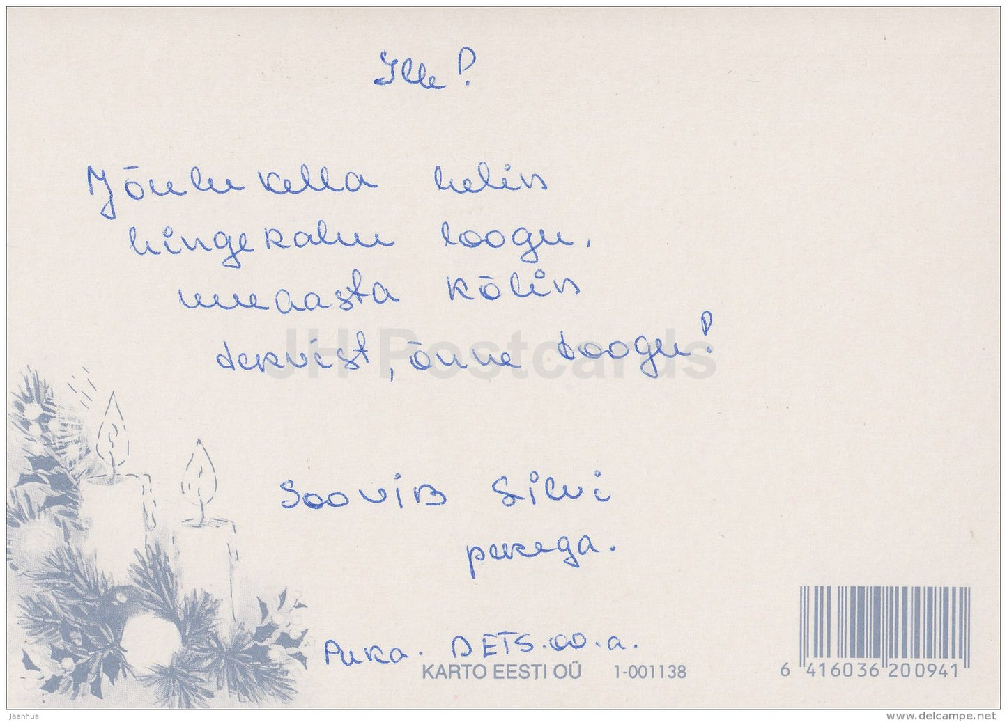 Christmas Greeting Card - angels - illustration - Estonia - used in 2000 - JH Postcards