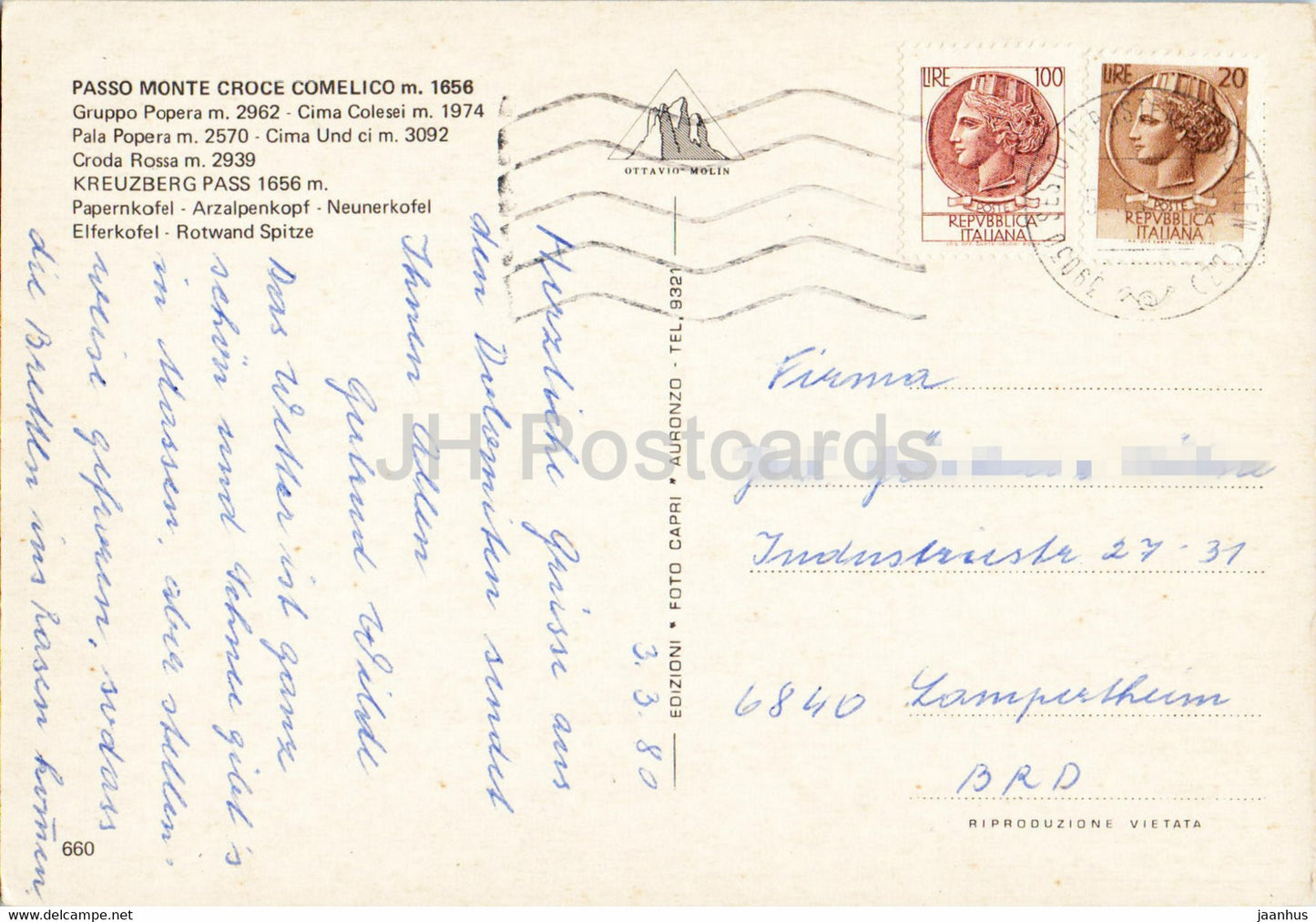 Passo Monte Croce Comelico – Gruppo Popera – Cima Colesei – Pala Popera – Cima Undici – 660 – 1980 – Italien – gebraucht