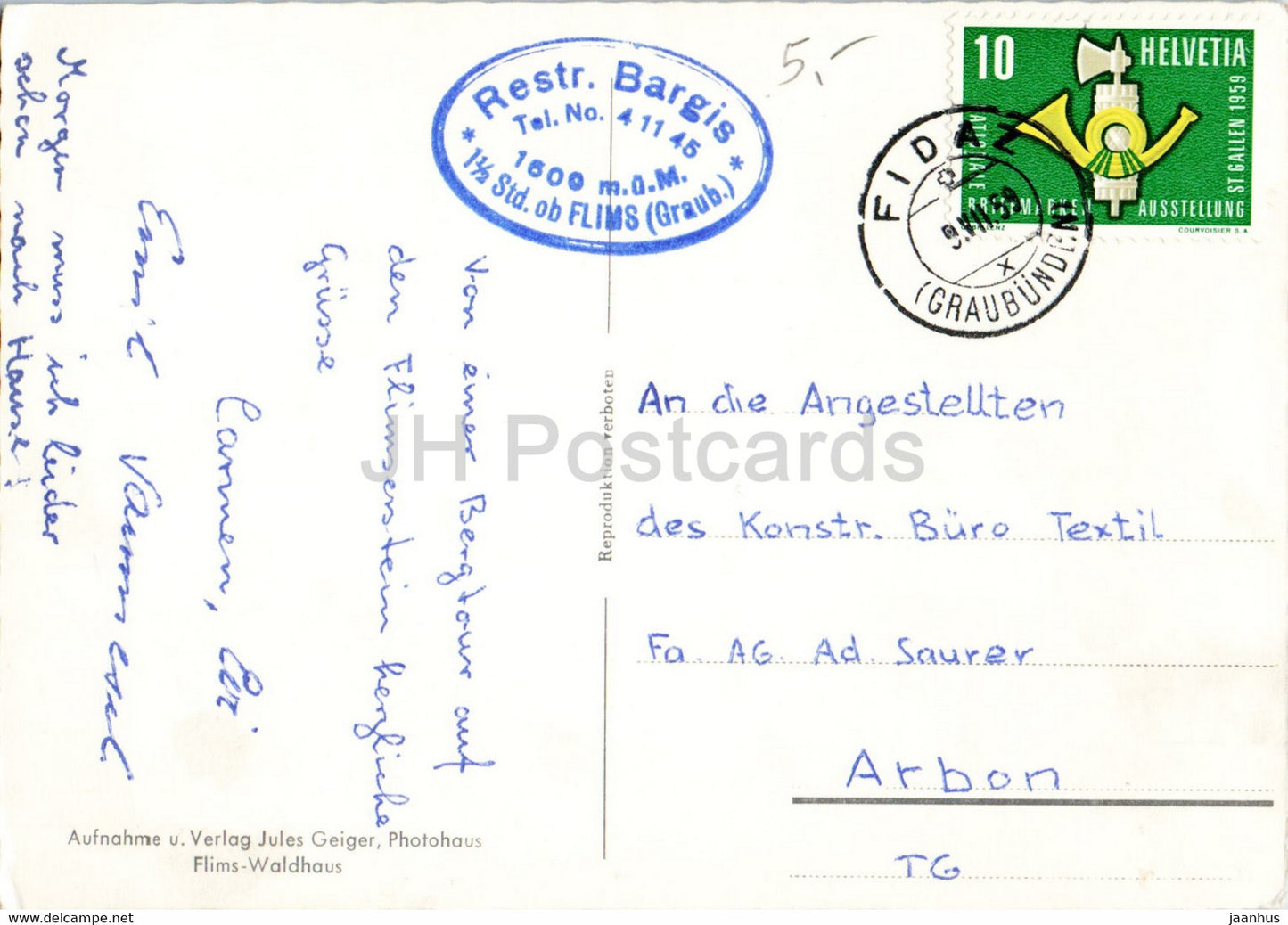 Bargishütte mit Flimserstein - 3121 - alte Postkarte - 1959 - Schweiz - gebraucht