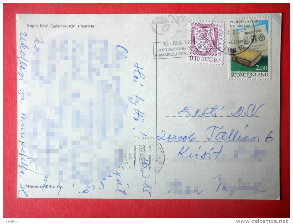 silhouette by Emil Cedercreutz - horse - man - Finland - sent from Finland to Estonia USSR 1985 - JH Postcards