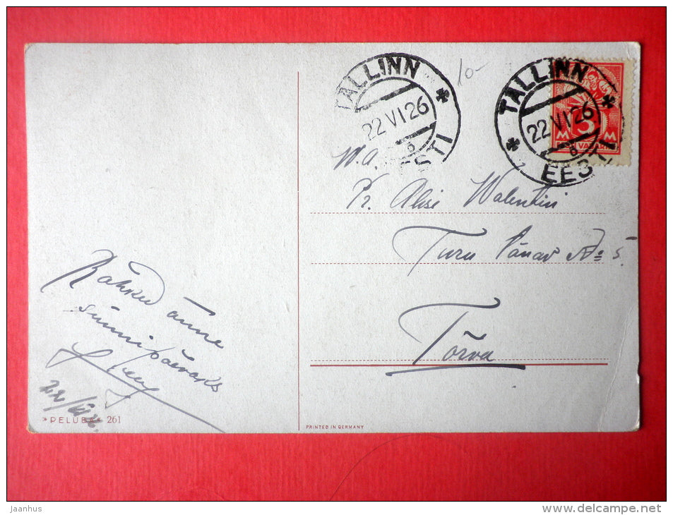 illustration - signed - cow - river - nature - Peluba 261 - circulated in Estonia Tallinn 1926 - JH Postcards