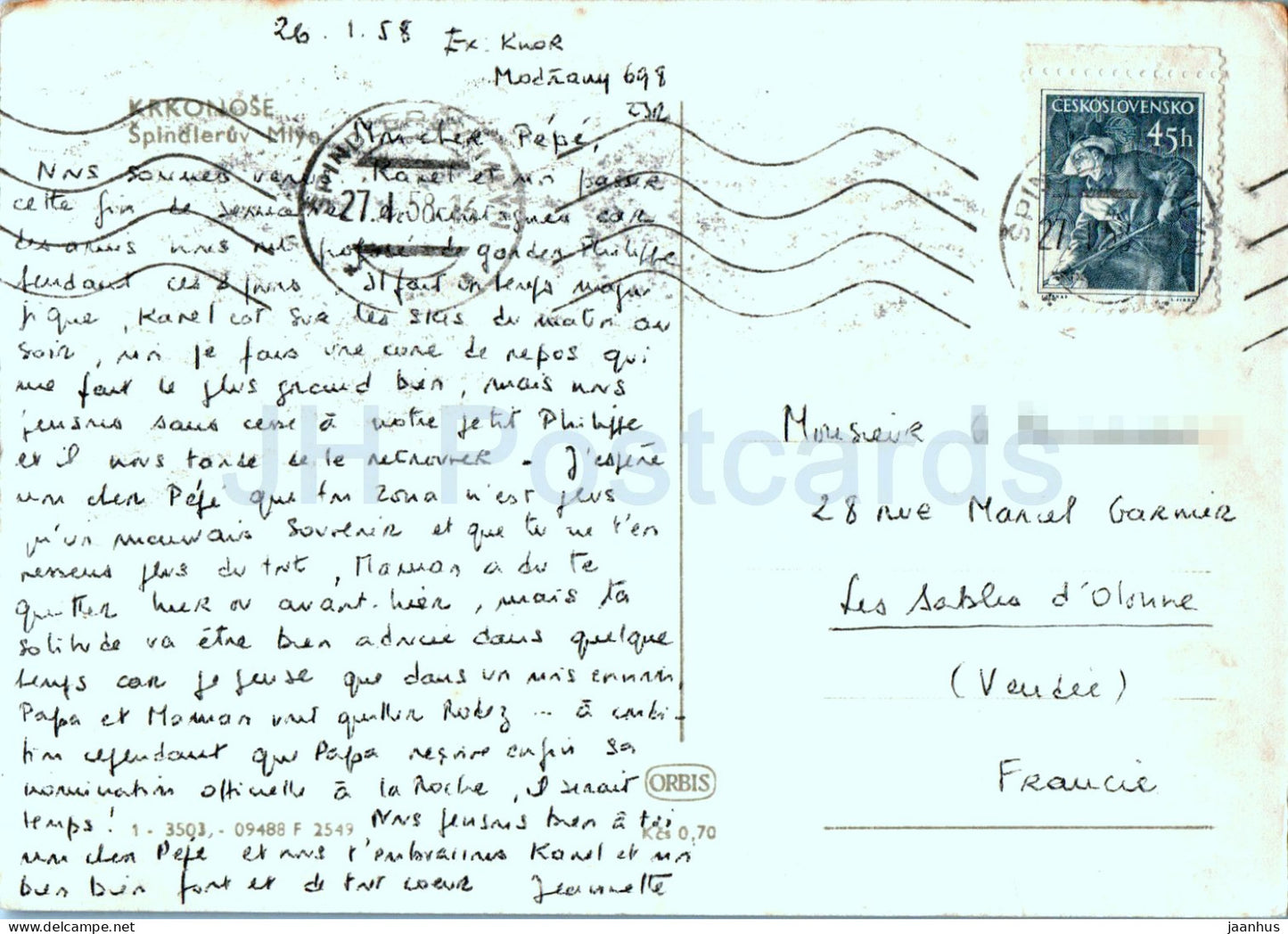 Krkonose - Spindleruv Mlyn - carte postale ancienne - 1958 - République tchèque - Tchécoslovaquie - utilisé