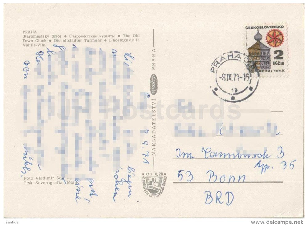 Praha - Prague - The Old Town Clock - Czechoslovakia - Czech - used 1971 - JH Postcards