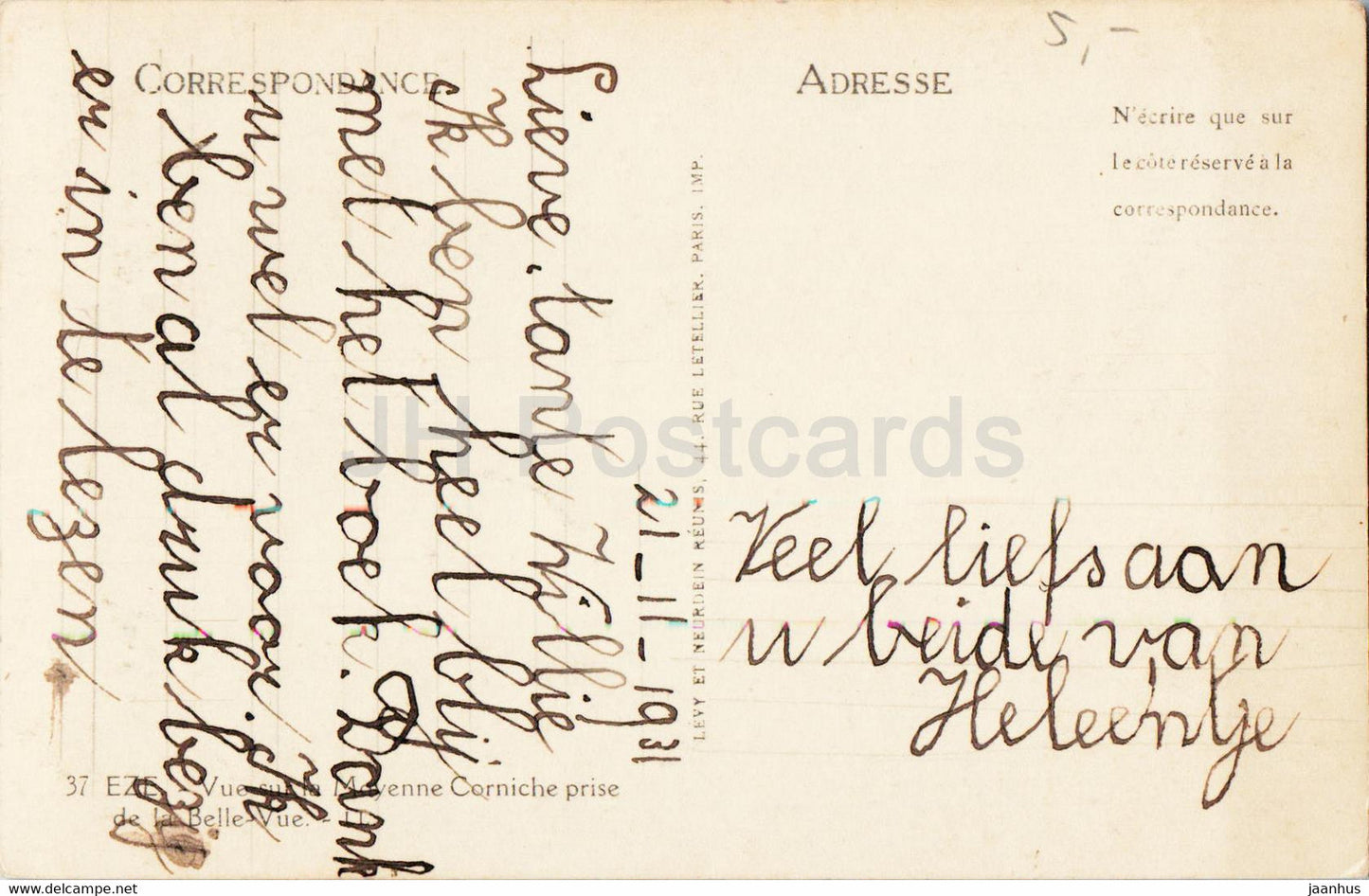 Eze - Vue sur la Mayenne Corniche prise de la Belle Vue - 37 - carte postale ancienne - 1931 - France - utilisé