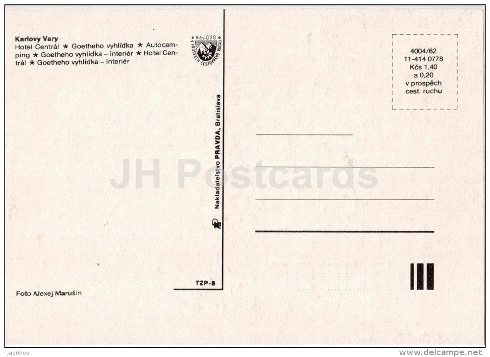 hotel Central - camping - Rozhledna Goethova vyhlídka - Karlovy Vary - Karlsbad - Czechoslovakia - Czech - unused - JH Postcards