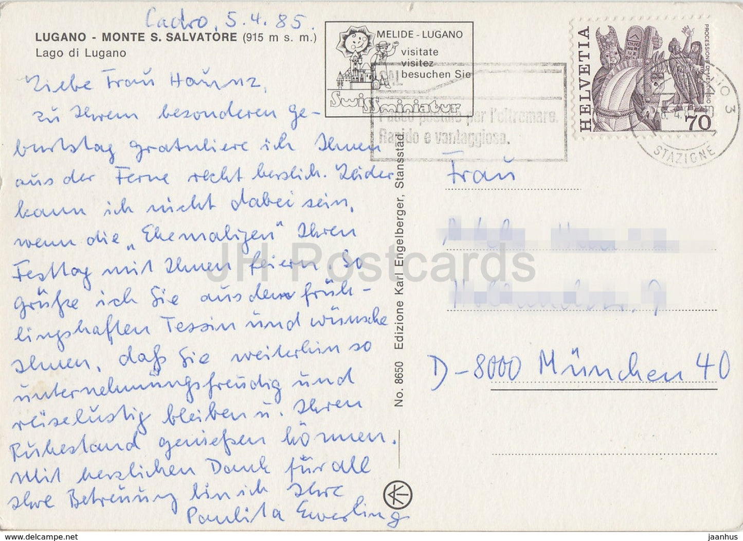 Lugano - Monte S Salvatore 915 m - Lago di Lugano - 8650 - 1985 - Switzerland - used