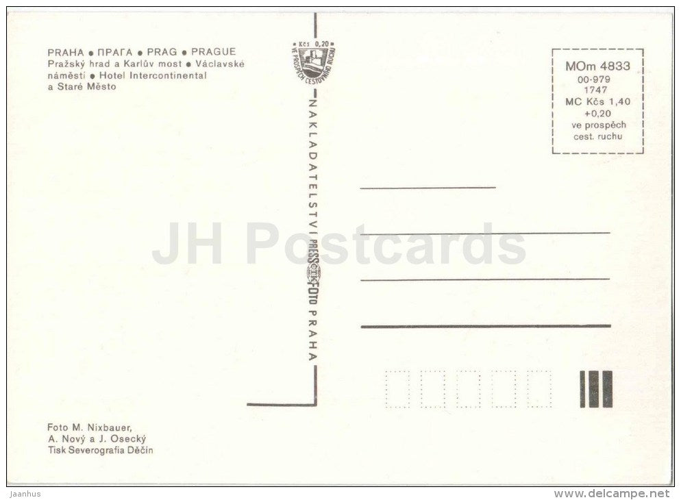 Praga - Praha - Prague castle - Charles bridge - Vaclav square - hotel Intercontinental Czechoslovakia - Czech - unused - JH Postcards