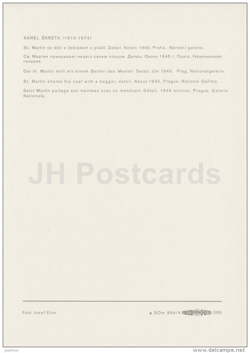 painting by Karel Skreta - St. Martin shares His Coat with Beggar - Czech art - large format card - Czech - unused - JH Postcards