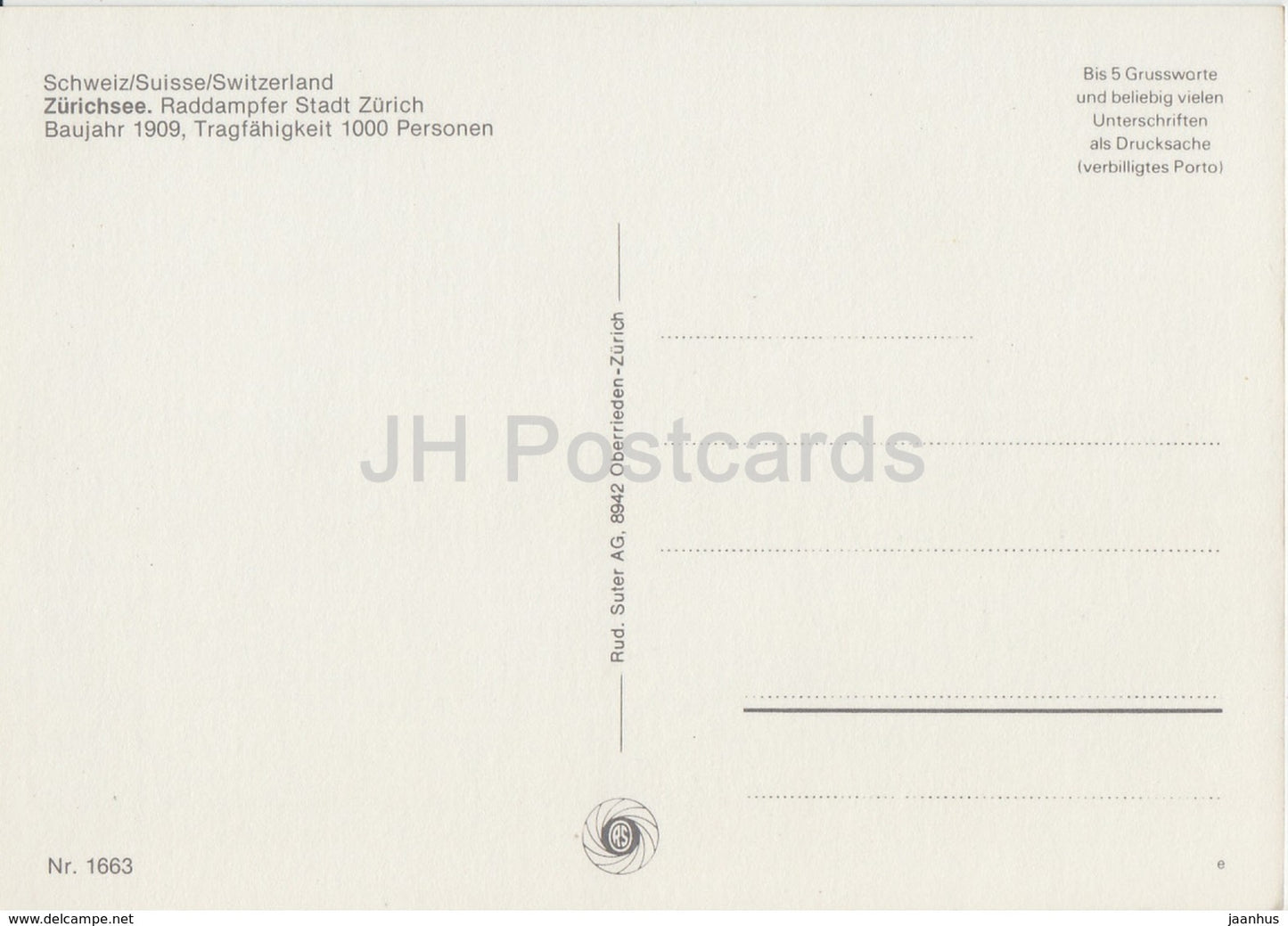 Zurichsee - Raddampfer Stadt Zurich - ship - steamer - 1663 - Switzerland - unused