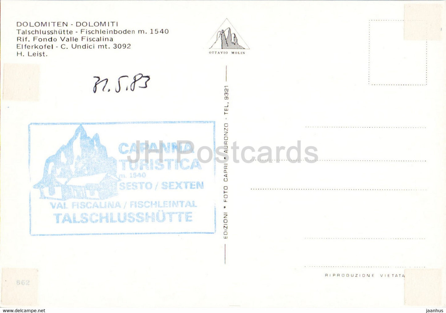 Dolomiti - Talschlusshutte Fischleinboden - Rif Fondo Valle Fiscalina - Elferkofel - horse - 1983 - Italy - used