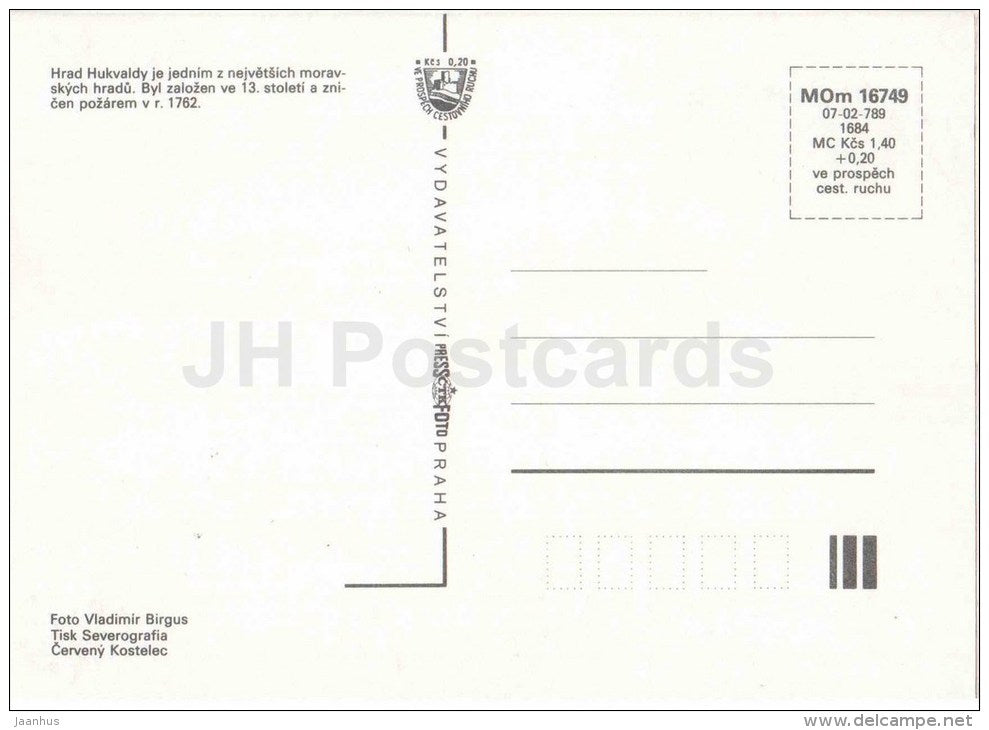 Hukvaldy - castle - ruins - Czechoslovakia - Czech - unused - JH Postcards