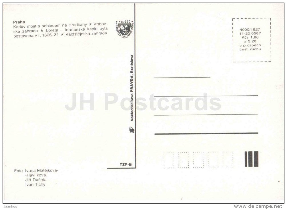 Praha - Prague - Charles bridge - Vrtba Garden - Wallenstein Garden - Loreta - Czechoslovakia - Czech - unused - JH Postcards