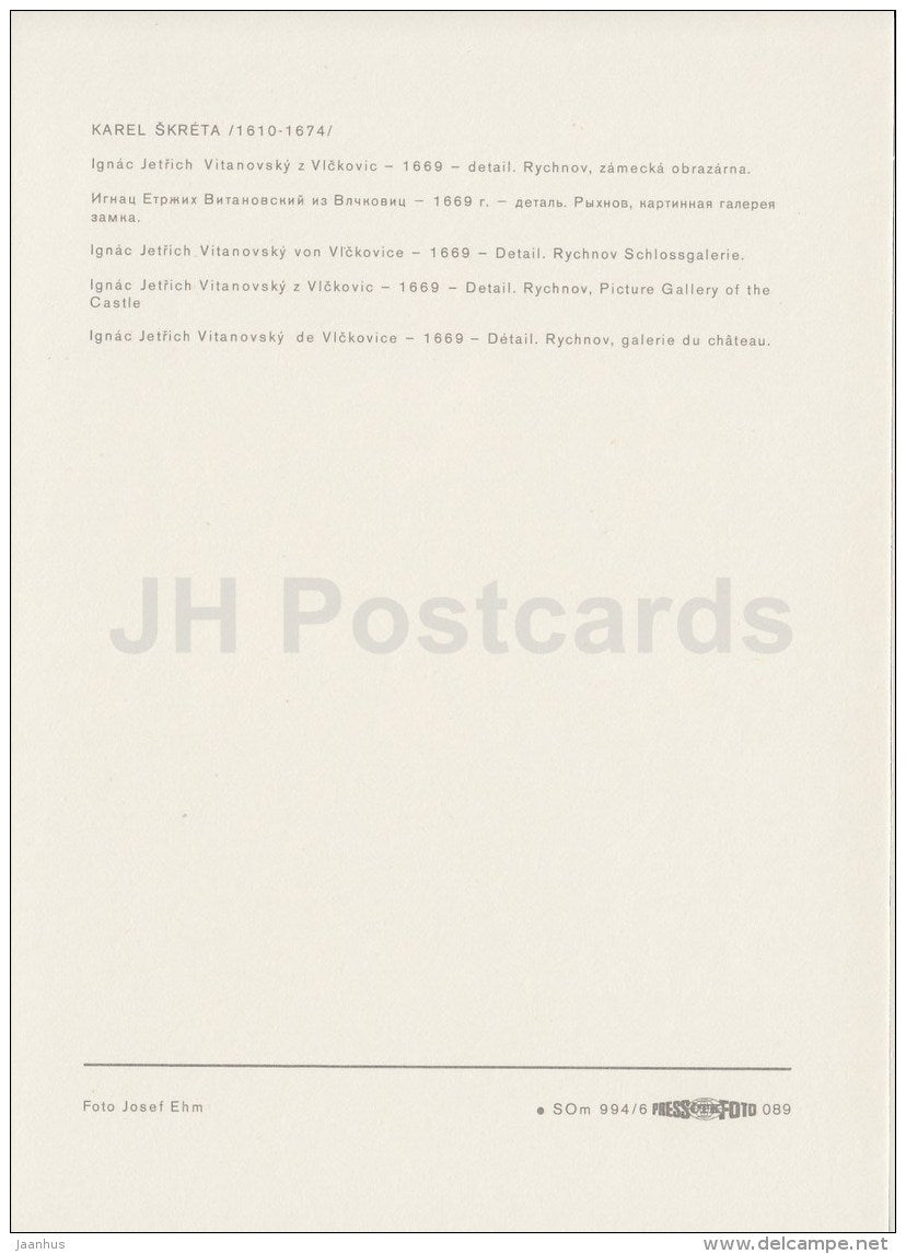 painting by Karel Skreta - Ignac Jetrich Vitanovsky z Vlckovic - Czech art - large format card - Czech - unused - JH Postcards
