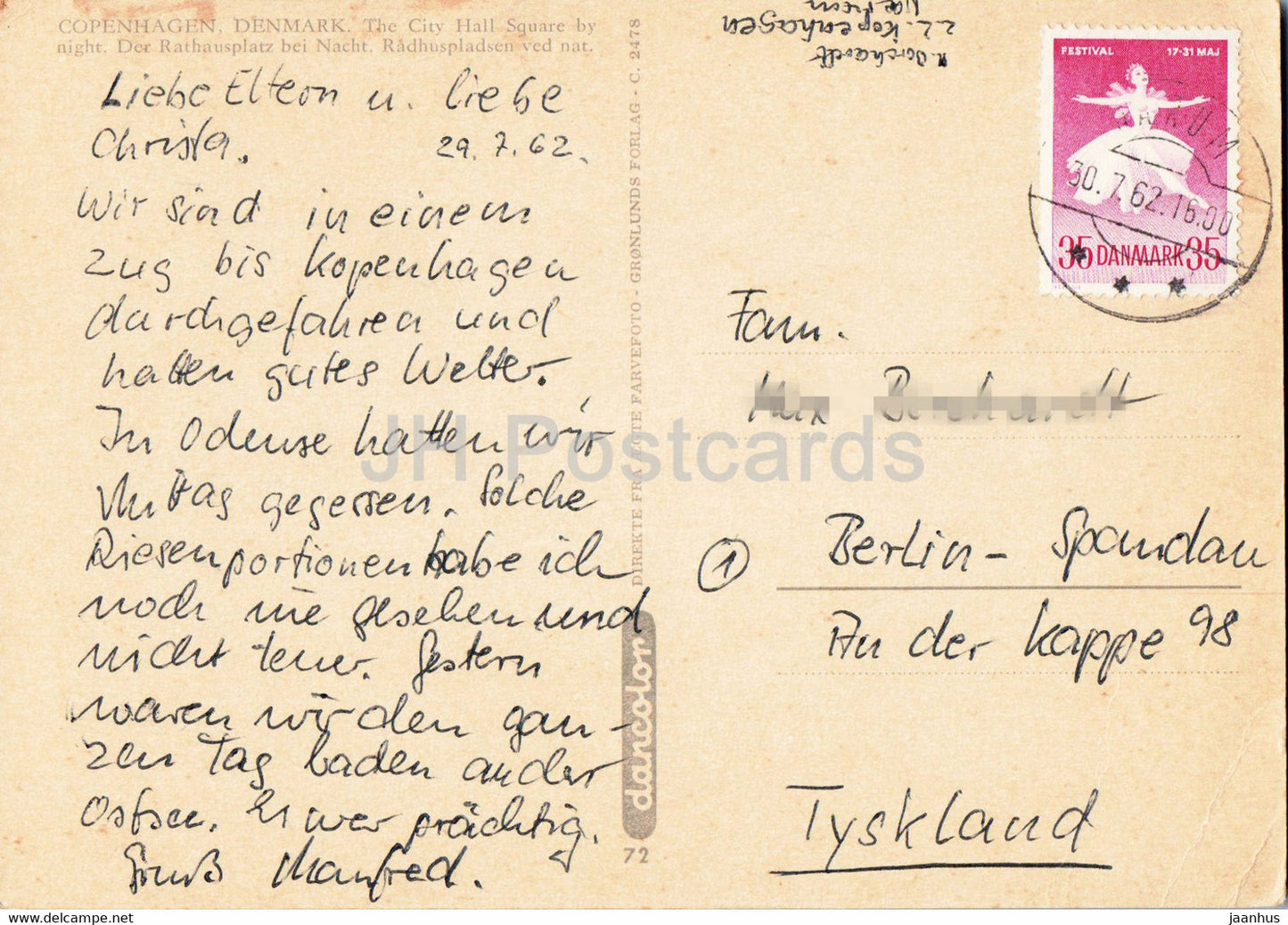 Copenhagen - The City Hall Square by Night - bus - tram - 1962 - Denmark - used