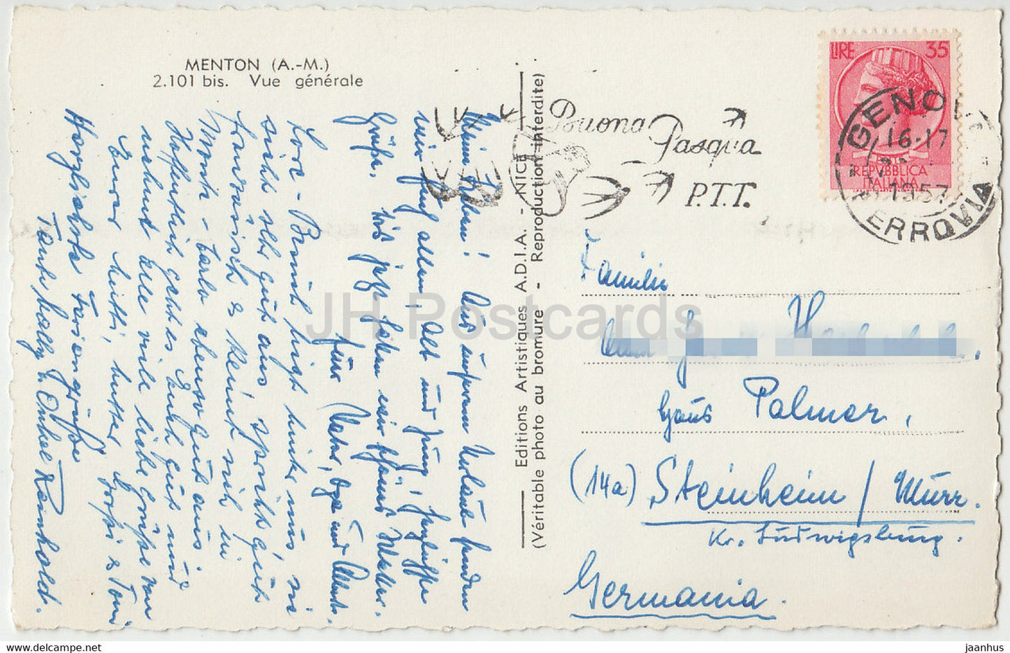 Menton - Vue Generale - alte Postkarte - 1957 - Frankreich - gebraucht