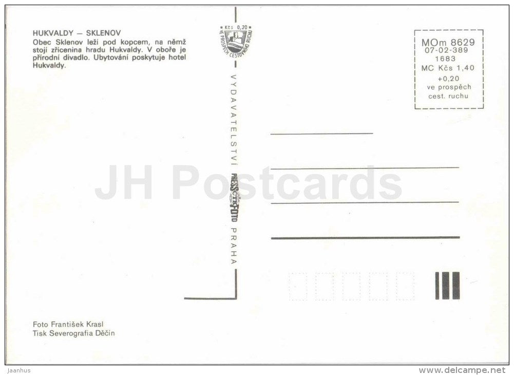 Hukvaldy - Sklenov - hotel - concert - castle - ruins - Czechoslovakia - Czech - unused - JH Postcards