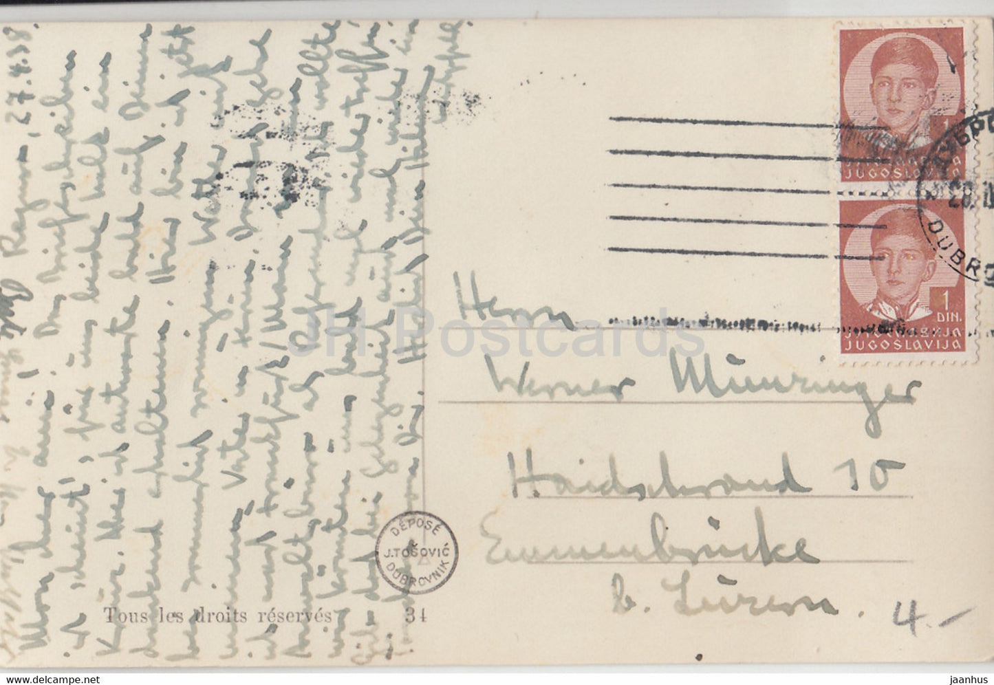 Dubrovnik - Raguse - Tous les droits réservés - 34 - carte postale ancienne - 1938 - Croatie - Yougoslavie - occasion