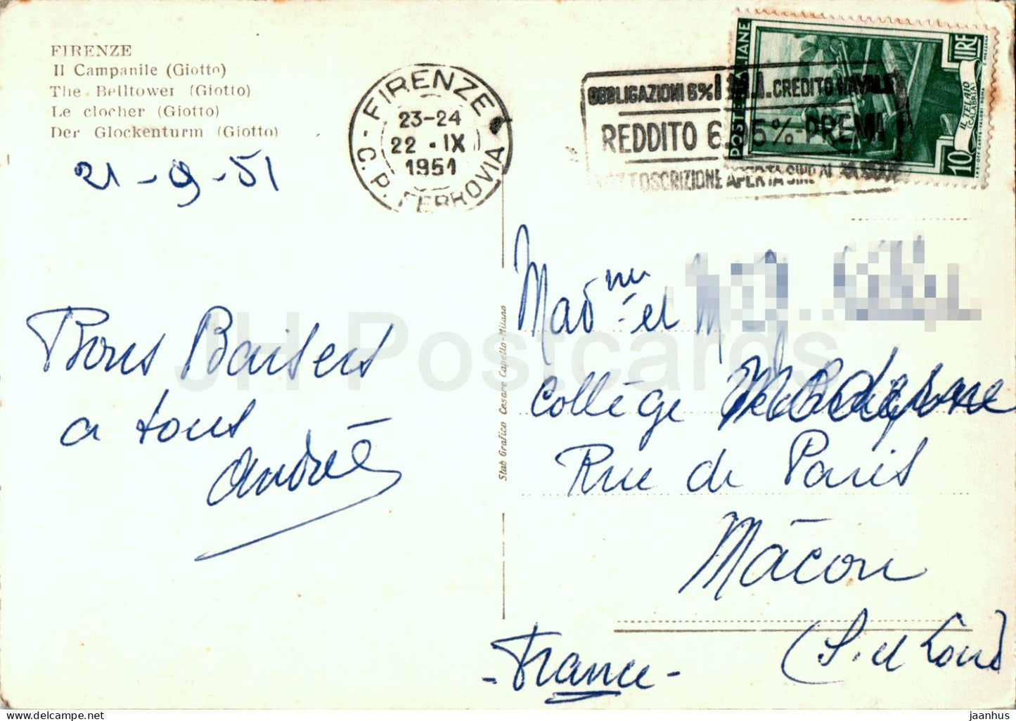 Firenze - Florence - Il Campanile - Giotto - The Belltower - old postcard - 1951 - Italy - used
