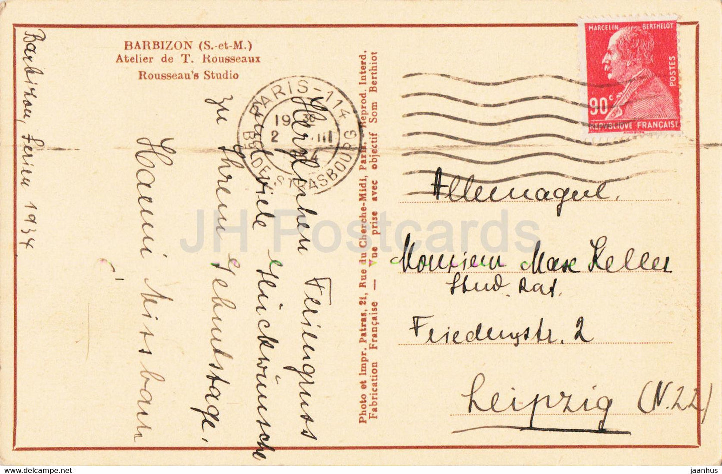 Barbizon - Atelier de T. Rousseaux - Artist Studio - old postcard - 1934 - France - used