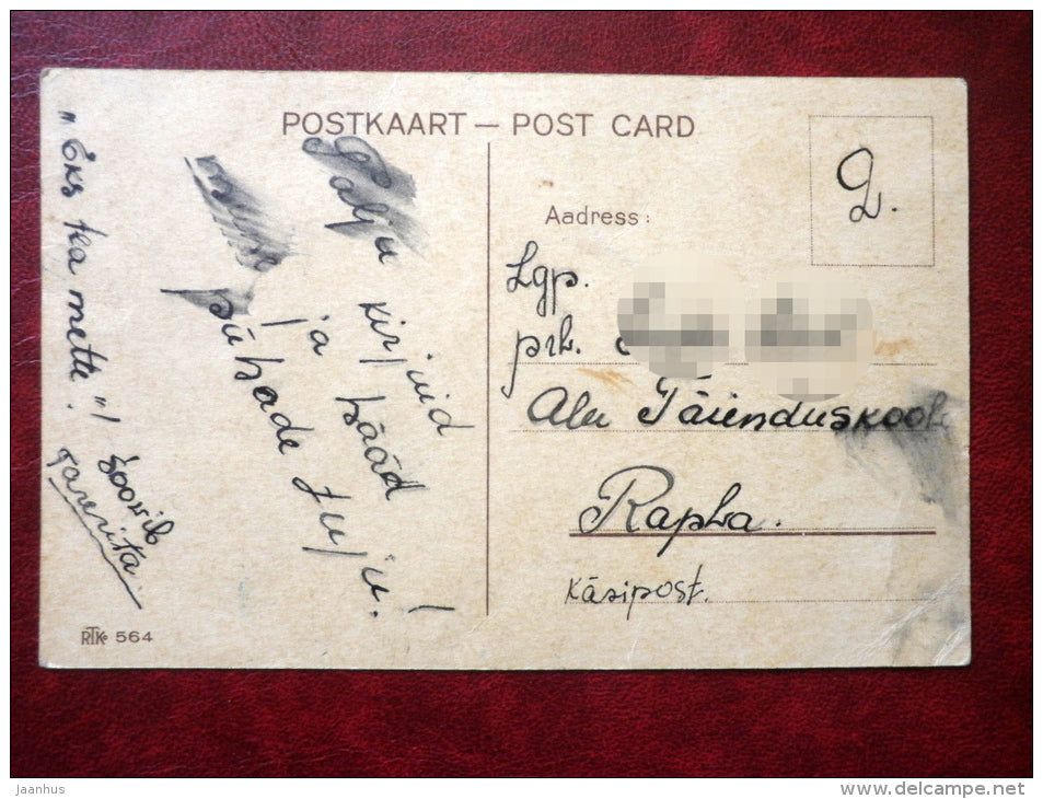 Easter Greeting Card - cat - chicken - birch trees - RTK 564 - 1920s-1930s - Estonia - used - JH Postcards