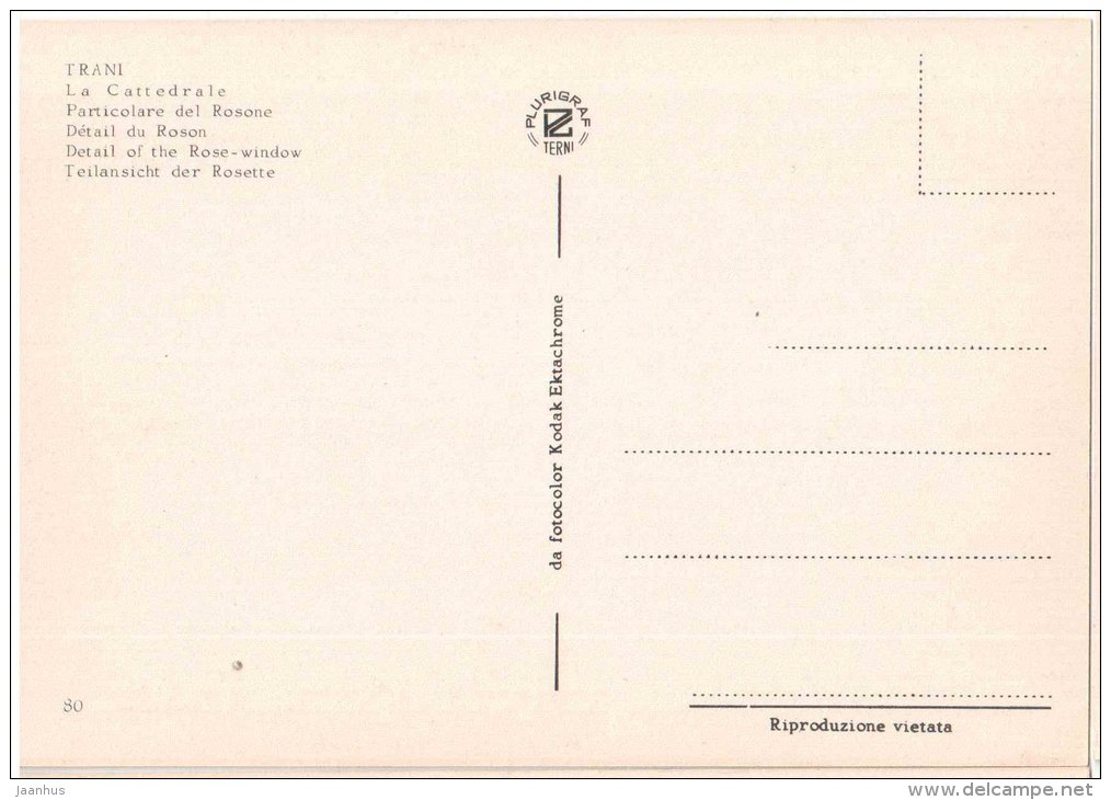 La Cattedrale , Particolare del Rosone - Cathedral , detail of the Rose - Trani - Puglia - 80 - Italia - Italy - unused - JH Postcards