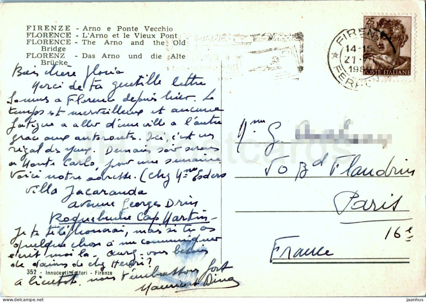 Firenze - Florence - Arno e Ponte Vecchio - L'Arno et le vieux pont - 352 - 1962 - Italie - utilisé