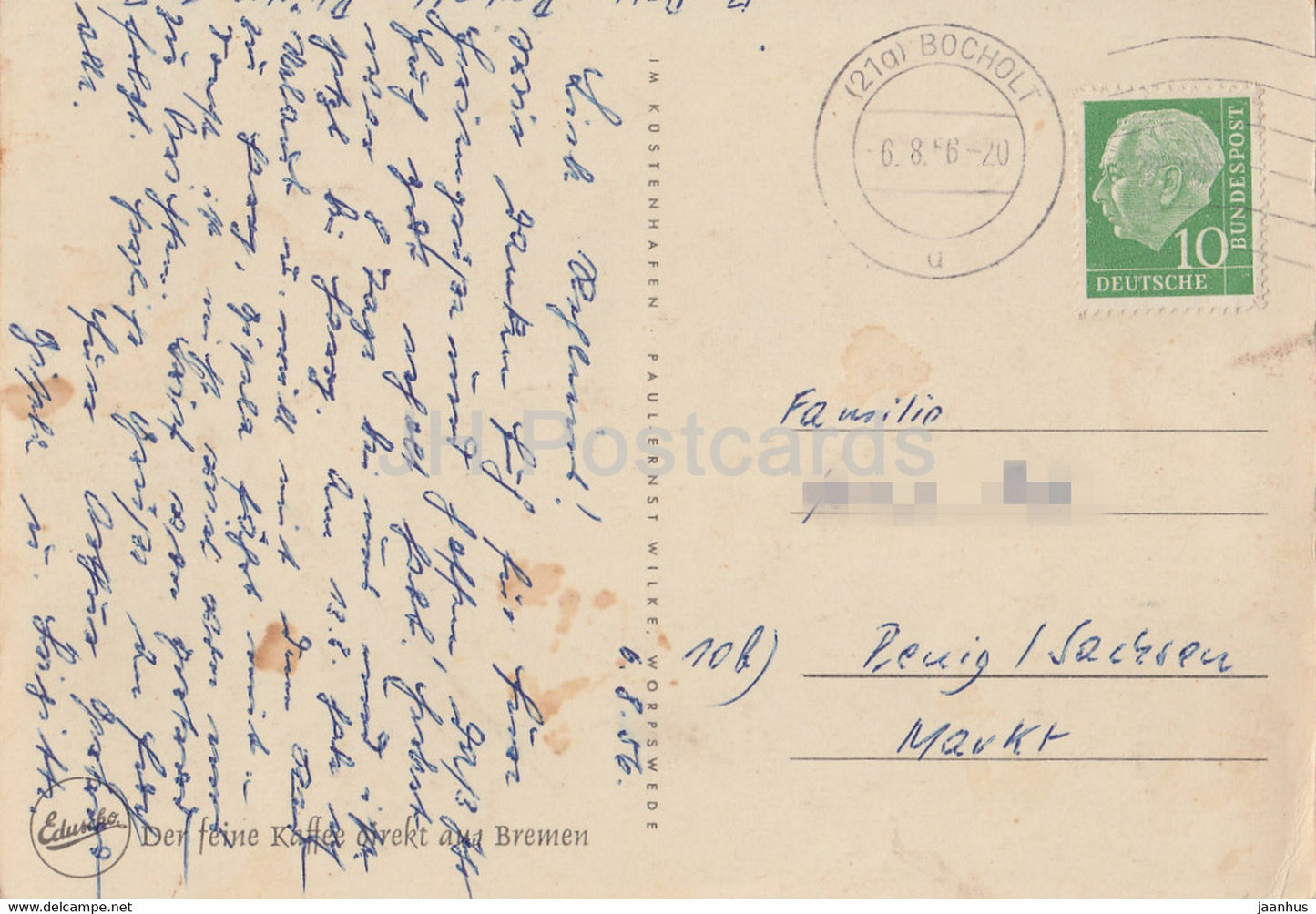 painting by Paul Ernst Wilke - Im Kunstenhafen - sailing boat - Eduscho - German art - 1966 - Germany - used