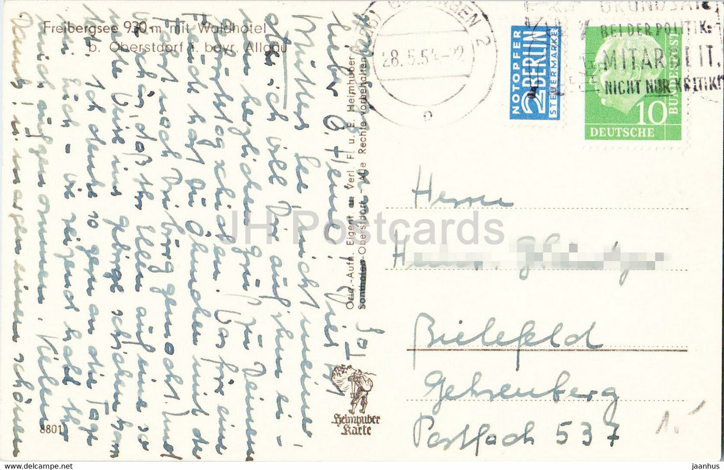 Freibergsee mit Waldhotel b Oberstdorf - 8801 - carte postale ancienne - 1954 - Allemagne - utilisé