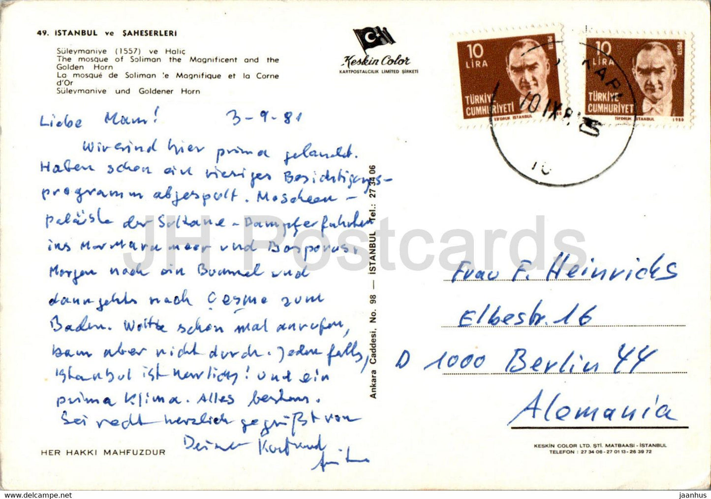 Istanbul - The Mosque of Soliman the Magnificent and the Golden Horn - 1981 - Turkey - used