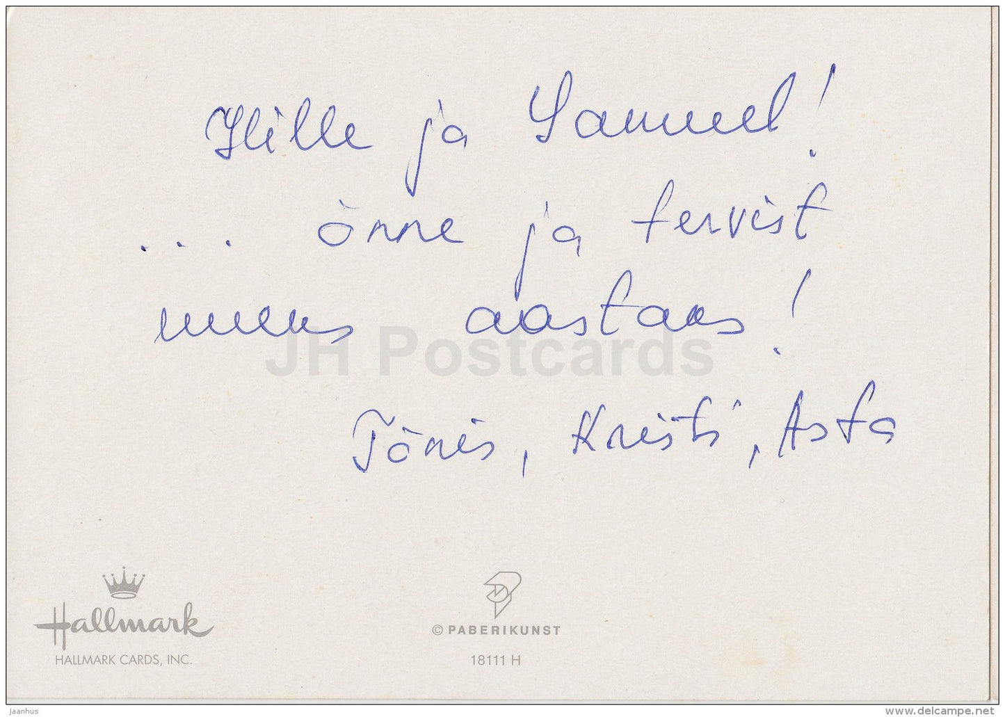 Christmas Greeting Card - decorations - fir cones - Estonia - used in 1990s - JH Postcards