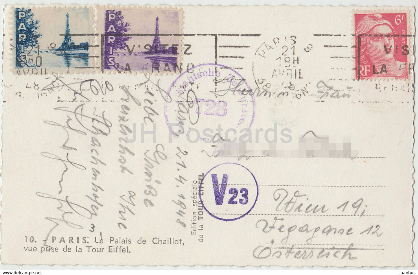 Paris - Le Palais de Chaillot - vue prise de la Tour Eiffel - carte postale ancienne - 1948 - France - occasion