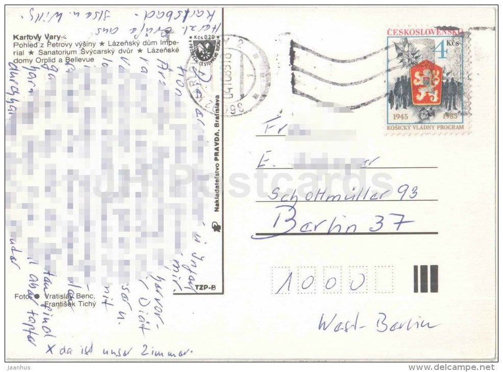 Karlovy Vary - Karlsbad - spa house Imperial , Orplid , Bellevue - Czechoslovakia - Czech - used 1989 - JH Postcards