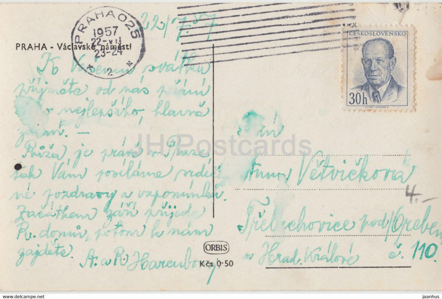 Praha - Prag - Vaclavske namesti - Straßenbahn - 718 - alte Postkarte - 1957 - Tschechische Republik - gebraucht