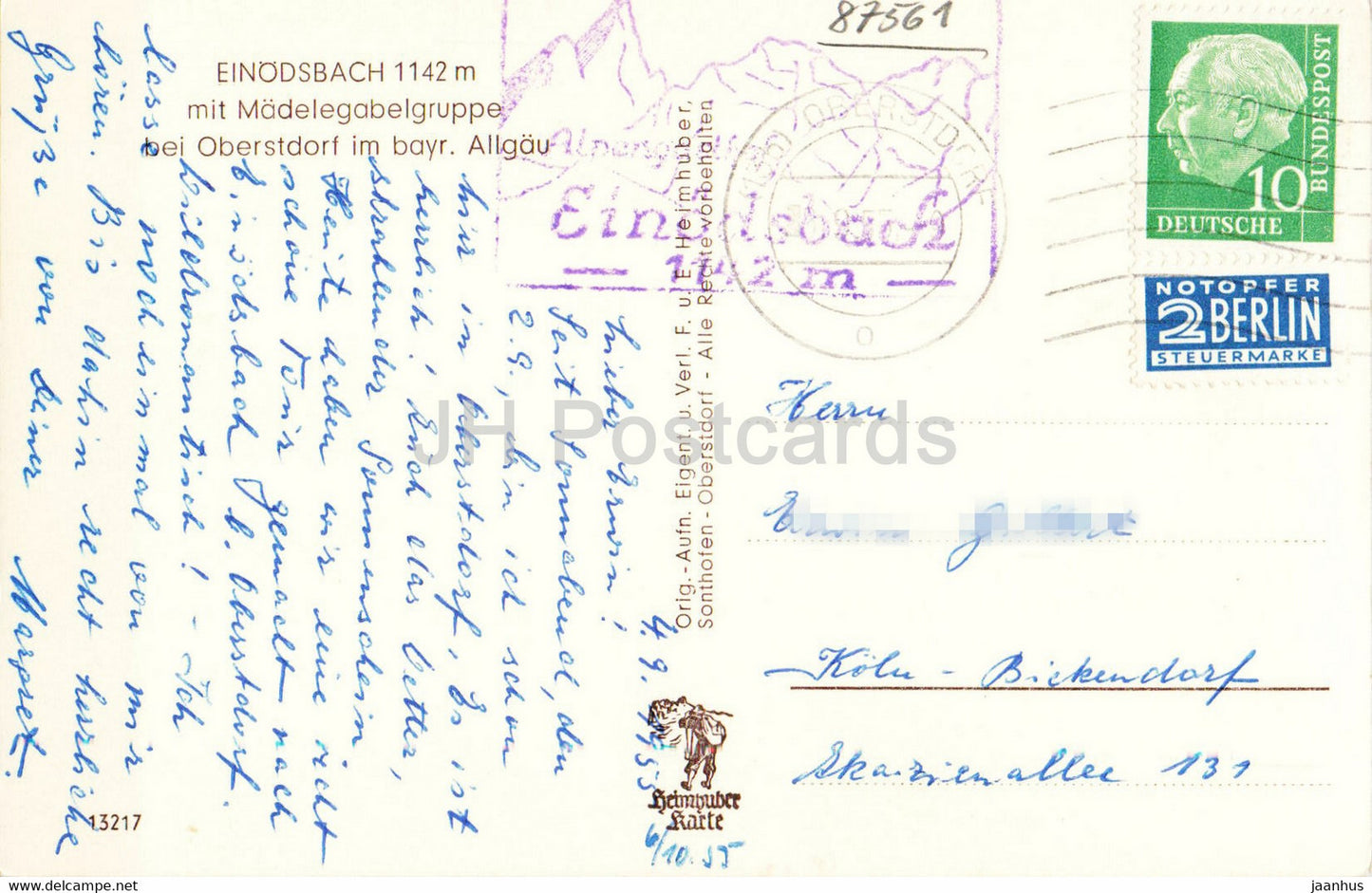 Einodsbach 1142 m mit Madelegabelgruppe bei Oberstdorf - alte Ansichtskarte - 1955 - Deutschland - gebraucht