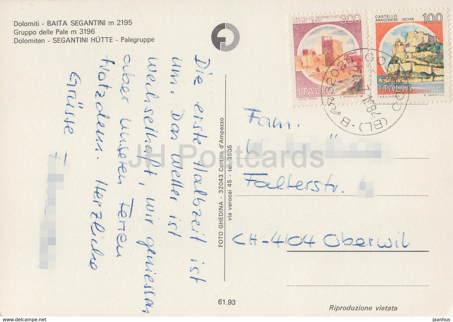 Dolomiti - Baita Segantini 2195 m - Gruppo delle Pale 3196 m - Dolomiten - Segantini Hutte 1984 - Italy - Italia - used