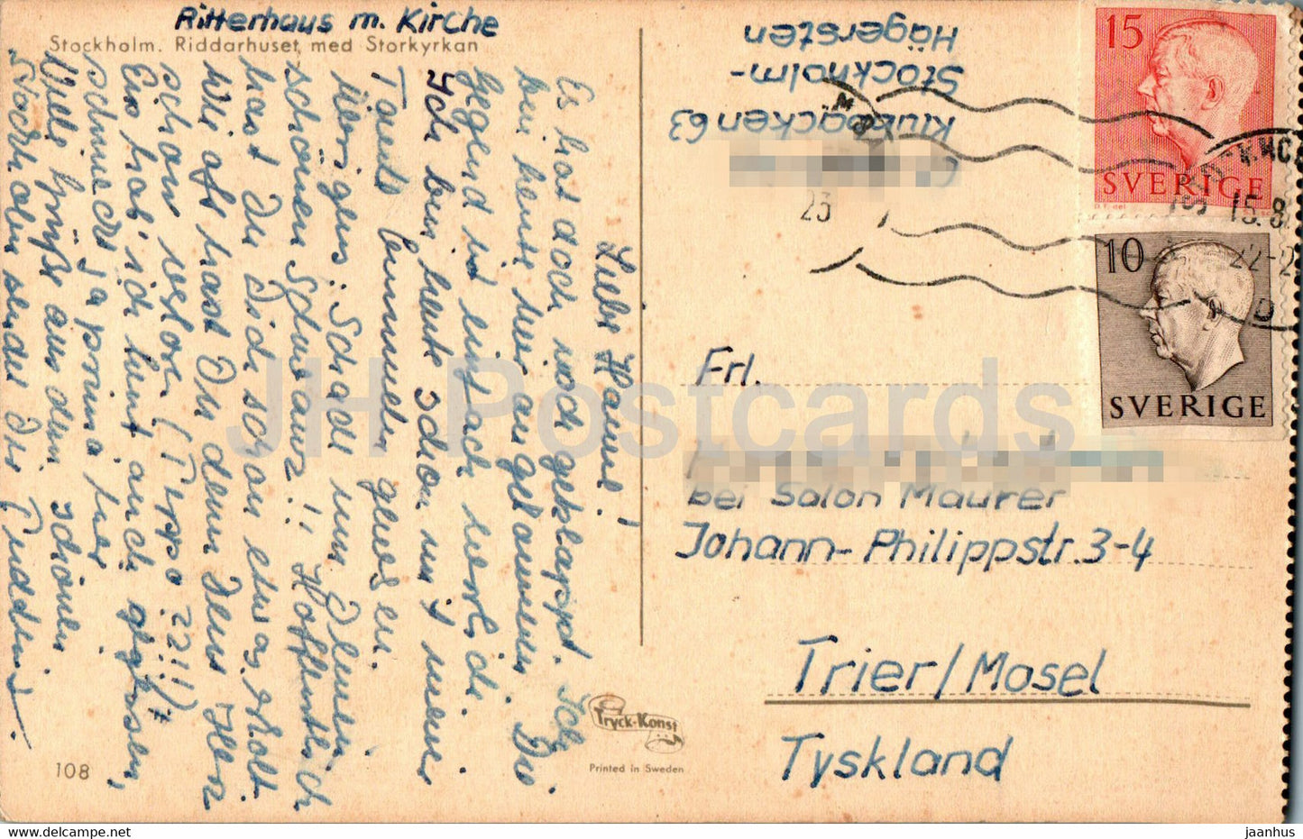 Stockholm - Riddarhuset med Storkyrkan - La maison du chevalier avec la grande église - carte postale ancienne - 108 - Suède - utilisé