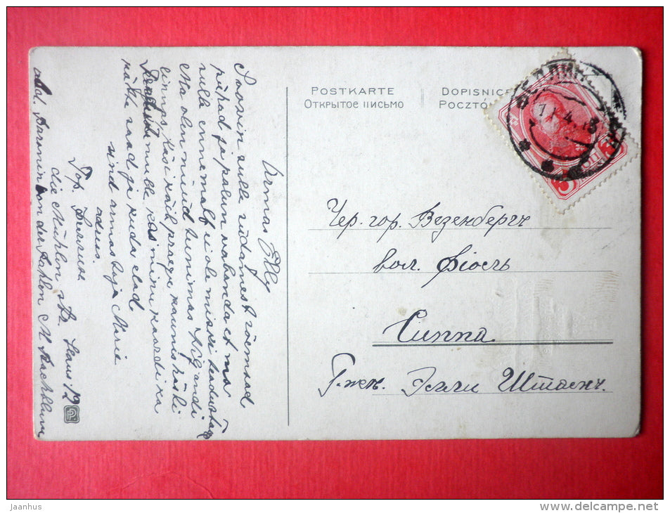 easter greeting card - pink rose - PP - circulated in Imperial Russia Estonia Fellin 1913 - JH Postcards