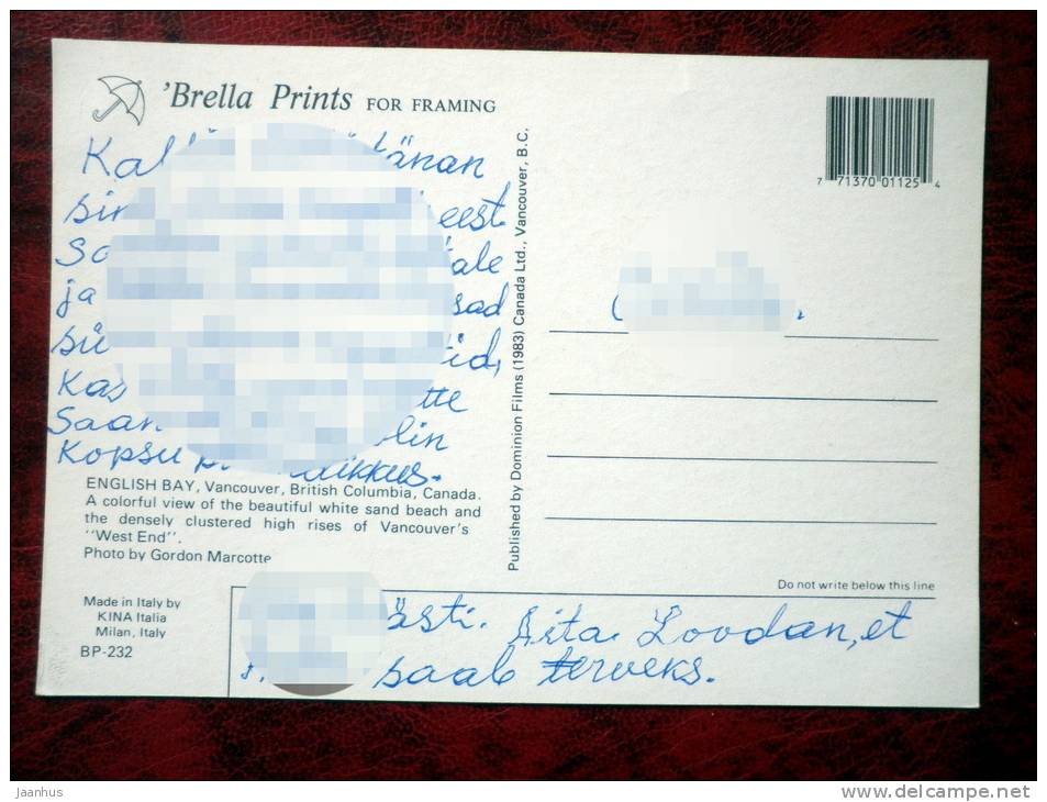 English Bay - Vancouver - British Columbia - 1983 - Canada - used - JH Postcards