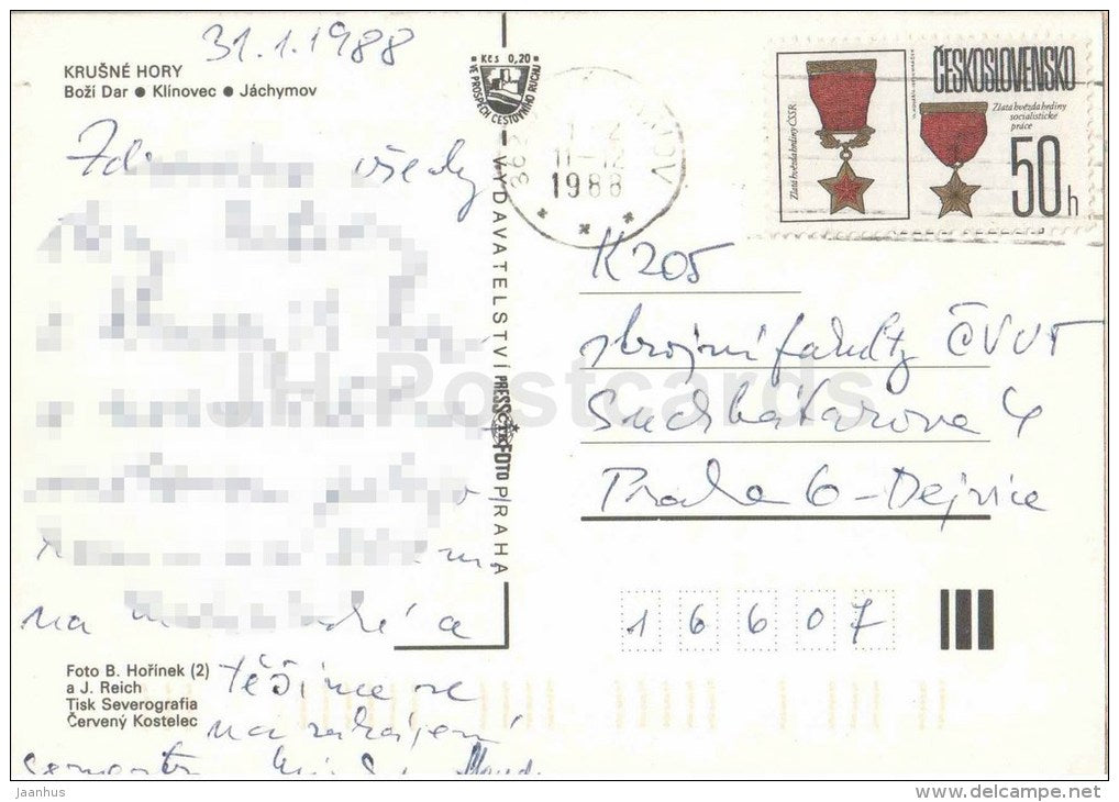 Krusne Hory - Bozi Dar - Klinovec - Jachymov - ski resort - Czechoslovakia - Czech - used 1988 - JH Postcards