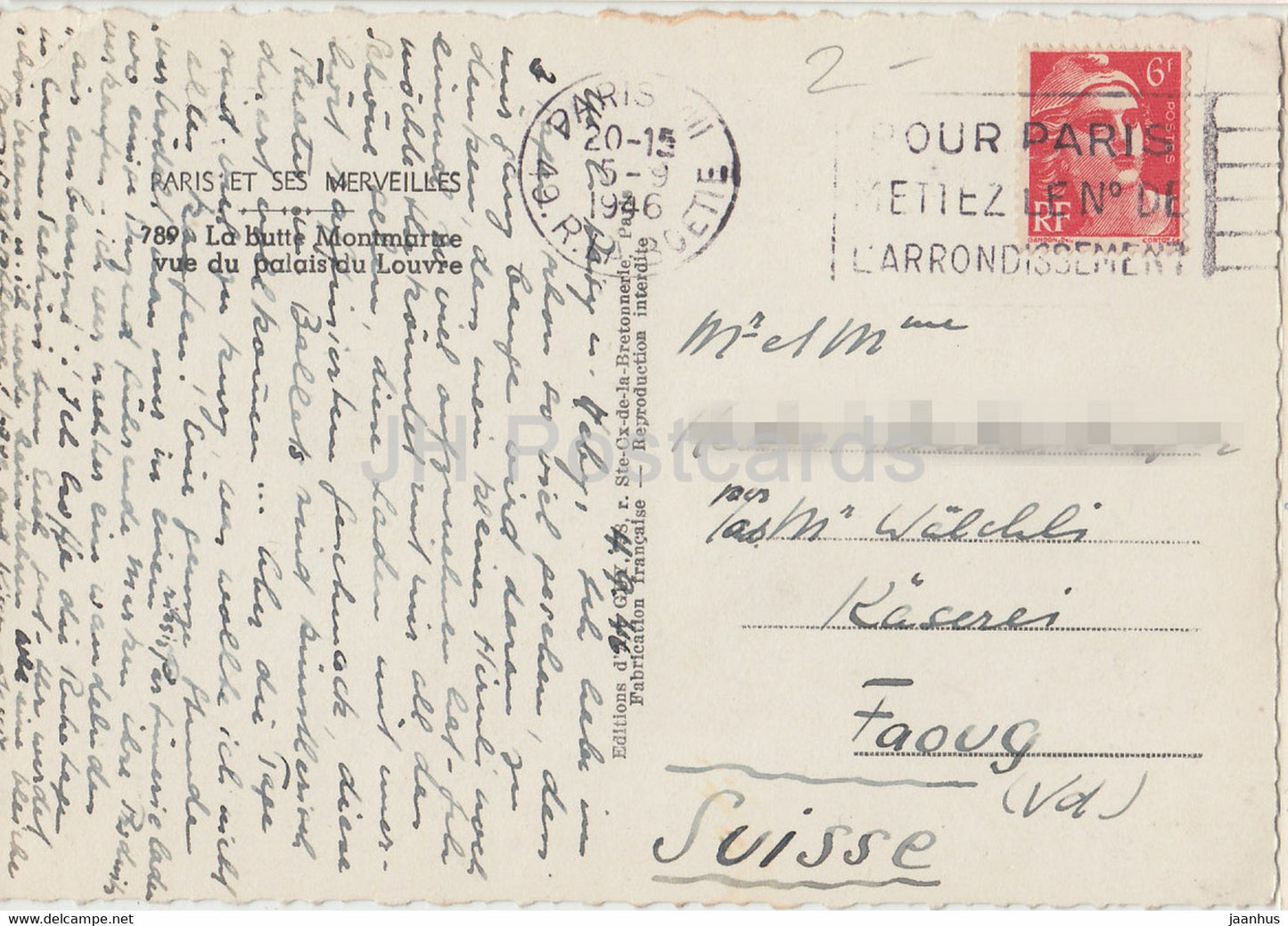 Paris et ses Merveilles - La butte Montmartre vue du palais du Louvre - alte Postkarte - 1946 - Frankreich - gebraucht