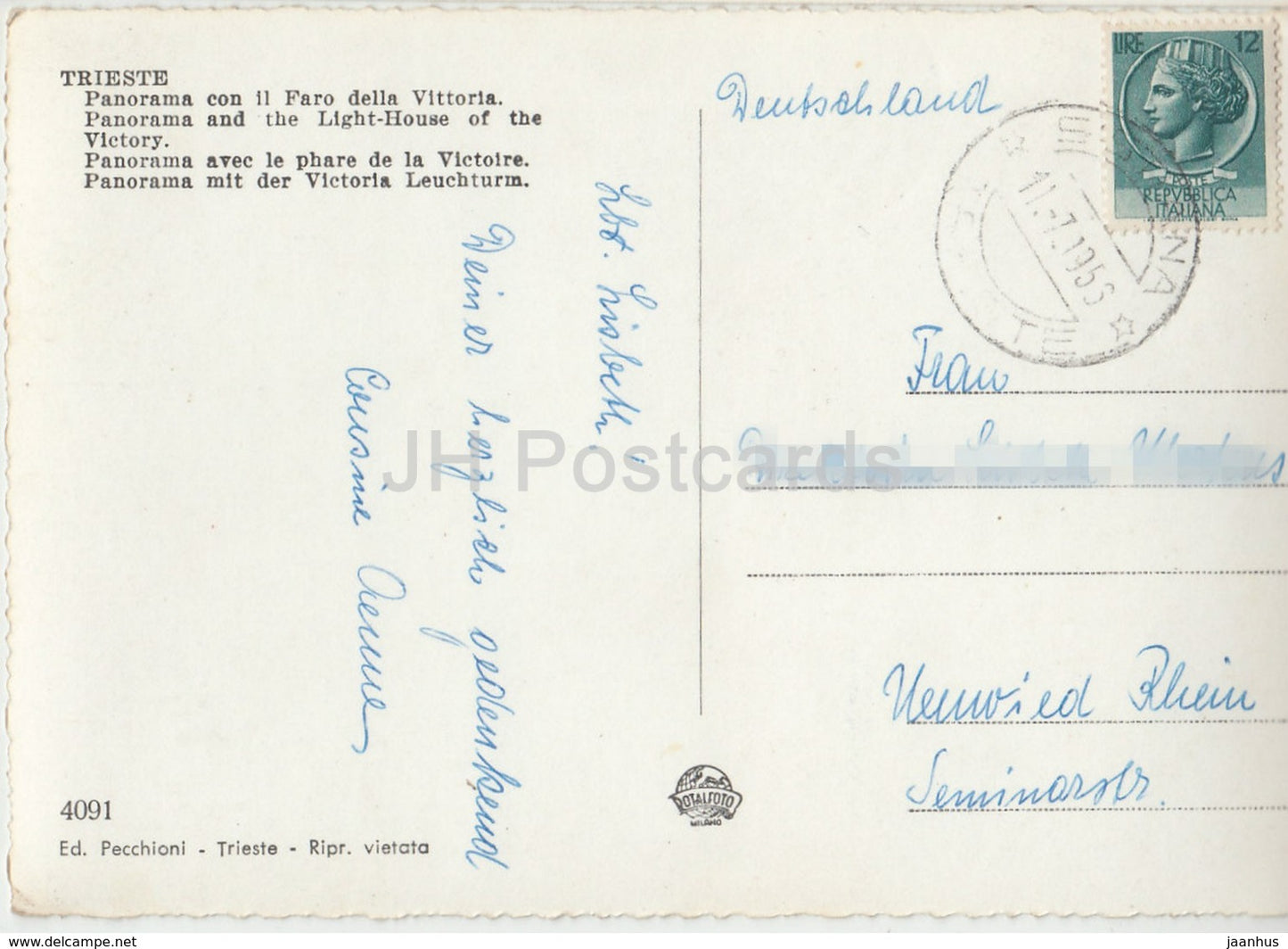Trieste - Panorama e Foro della Vittoria - Panorama et le phare de la Victoire - 4091 - Italie - 1956 - utilisé