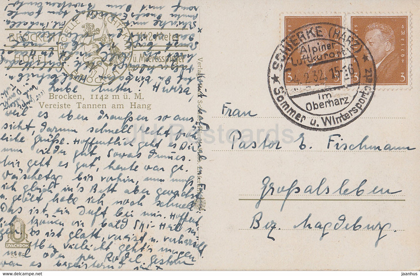 Brocken 1142 m - Vereiste Tannen am Hang - Brocken Hotel - old postcard - 1932 - Germany - used