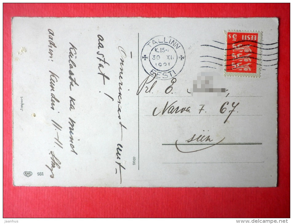 new year greeting card - mushroom - clover - EAS 931 - circulated in Estonia Tallinn 1931 - JH Postcards